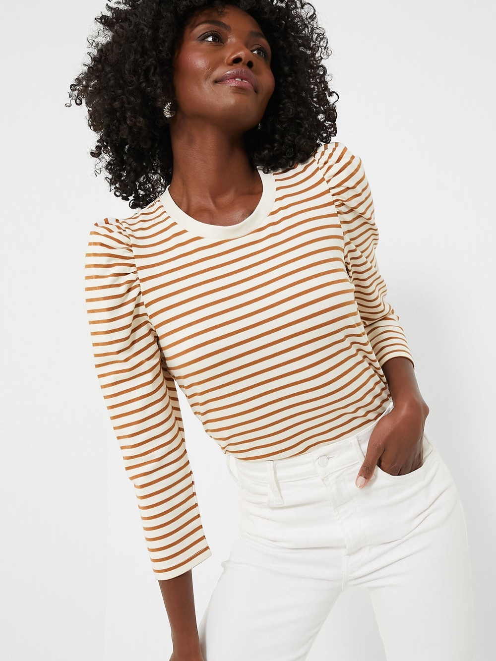 POMANDER PLACE Tan Striped Vesty Long Sleeve Crewneck top t shirt size XS